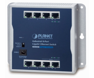 PLANET průmyslový plochý switch 8x 1Gb, 12VDC, IP30, -20/...