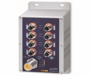 PLANET vodotěsný průmyslový PoE switch, 8xFE M12, 8x PoE ...