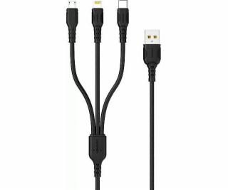 Denmen USB-A - USB-C + microUSB + Lightning kábel 1 m čie...