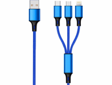 USB 2GO USB-A - USB-C + microUSB + Lightning kabel 1,5 m Modrý (797151)