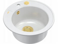 GraniteQ dřez MORGAN 210 GraniteQ sněhově bílý dřez se sifonem Push To Open, zlatá barva, kulatý, 1-miska čb + háčky 3 ks