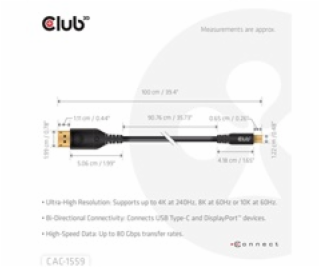 Club3D Kabel USB-C na DisplayPort 2.1, 10K60Hz, DSC1.2, U...