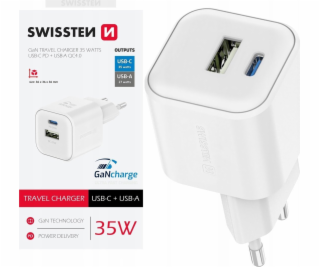 Swissten síťový adaptér gan 1x usb-c 35w pd + 1x usb-a 27...