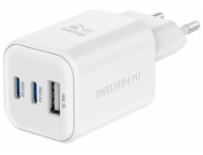 Swissten síťový adaptér gan 2x usb-c 65w pd + 1x usb-a 18w qc bílý