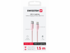 Swissten datový kabeltextile ii usb-c / lightning 1,5 m růžový