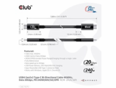 Club3D CAC-1575 USB-C, Data 20Gbps, PD 240W(48V/5A) EPR M/M, 2m Club3D kabel USB4 Gen2x2 Typ-C, Oboustranný USB-IF Certifikovaný data kabel, Data 20Gbps, PD 240W(48V/5A) EPR M/M 2m