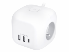 Solight 3z + USB A+C prodlužovací přívod - kostka, kabel 2m, 3 x 1mm2, bílý, vypínač - PP145C