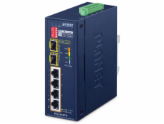Planet IFGS-624PTF průmyslový L2 switch, 4x 10/100, 2x 1Gb SFP, 4x 802.3at PoE, -40~75°C, 12-54VDC, IP40, fanless, RING