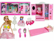 LeanToys Panenka s oblečením, šatní skříň, nábytek do pokoje, šatní skříň, postel, příslušenství
