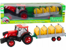 LeanToys Velký zemědělský traktor s přívěsem a balíky sena, červený
