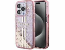 Guess Guess GUHCP15LLFCSEGP tvrdý kryt pro iPhone 15 Pro 6.1 růžový/růžový s tekutými třpytkami a zlatými pruhy