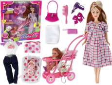 LeanToys Sada pro panenku Lucy s dlouhými hnědými vlasy a těhotnou kočárkem