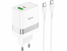 Hoco Nabíječka HOCO do zásuvky s USB A + Type-C + kabelem Type-C na Type-C PD QC3.0 3A 30W N21 bílá