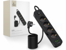 Tech-Protect Prodlužovací kabel PCL4X3, dlouhý, 2 USB a 1 TYPE-C a 4 zásuvky, 200 cm, černý