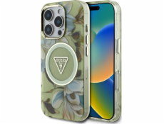 Guess Pouzdro Glitter Flowers Triangle Buttons MagSafe pro iPhone 16 Pro zelené