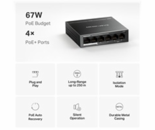 MERCUSYS switch MS106P (6x100Mb/s,4xPoE+,67W,fanless)
