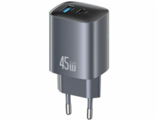 USAMS T66 45W CC290 GaN Rychlonabíječka do zásuvky 1xUSB-A 1xUSB-C stříbrná