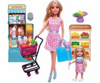 Set panenky a holčičky s nákupním vozíkem v supermarketu