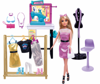 Módní návrhářka s šicím strojem a 25 doplňky