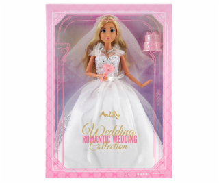 Módní panenka v bílých svatebních šatech s kyticí