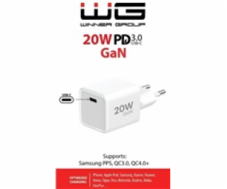 WG - Síťová nabíječka GaN 1x USB-C, PD 20W, 5V-9V-12V, bílá