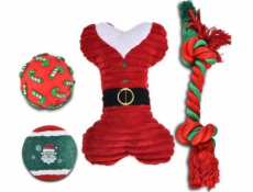Barry King Sada hraček pro psy vinylový míček 6,7 cm, tenisový míček 6,3 cm, plyšová kost 21 cm, lano 32 cm, červená, 4 ks/balení.