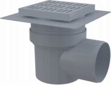 ALCADRAIN Odtokový rošt 150×150/110 mm, boční odtok, šedý rošt, dvě úrovně izolace, mokrý sifon