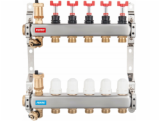 Nerezový rozdělovač 1 3-cestný s termostatickými ventily, průtokoměry, automatickými odvzdušňovacími ventily, vypouštěcími ventily, 3/4 vsuvkami