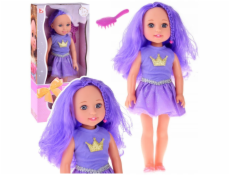 LeanToys Panenka v šatech s korunou, dlouhé vlasy, fialový kartáč, 38 cm, LEAN Toys