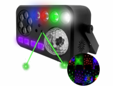 LIGHT4ME PARTY V LED RGBW-UV 6v1 multiefektové světlo efekt včelí oko bílé UV stroboskopické světlo vodní vlna par 2x laser R/G