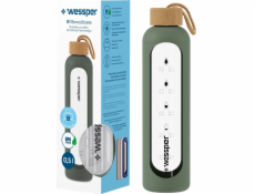 Wessper Wessper B1 borosilikátová skleněná láhev na vodu 500 ml s motivační odměrkou a olivovým pouzdrem