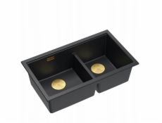 GraniteQ ČTVRÁK | LOGAN 120 | žulový kuchyňský dřez ČISTÝ UHLÍK + ZLATÉ PVD | rozměry: 76 x 45 x 23,5 cm | 2komorová vložka | výška dna skříňky od: 80 cm