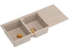 GraniteQ Kuchyňský dřez EVAN 121 se sifonem Push To Open, 2 dřezy s/bez (1160x500x210; rozměr 420x340) perleťově béžové / měděné prvky