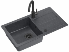 GraniteQ Žulový dřez GO-MAX BLACK 1-kz/o (77x44x17,5) + velmi černá baterie + ruční sifon s velmi černým uzávěrem