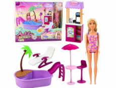 LeanToys Panenka Anlily na pláži s bazénem, palmou, stojanem na pití a příslušenstvím