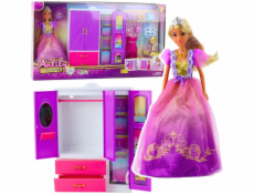 LeanToys Šatní skříň pro panenky Anlily s policemi a zásuvkami, doplňky do šatny, 24 dílů.