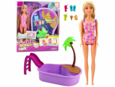 LeanToys Sada Panenka Anlily na pláži s palmou a doplňky do bazénu, 8 dílků.