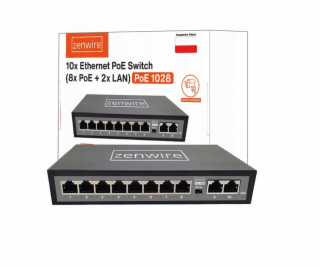 Zenwire 10portový rozbočovač/přepínač, 8 POE, 2 LAN, Ethe...