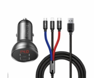 Car charger Baseus with 24W display + USB cable 3in1 Base...
