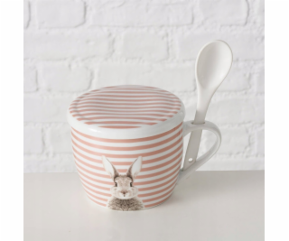 Boltze Hrnek s víčkem a lžičkou FLUFFY, porcelán, králíče...