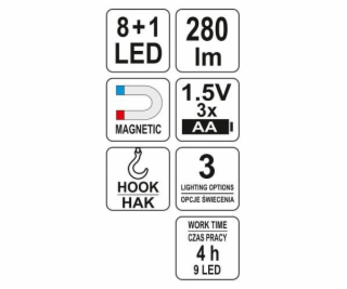 Lampa montážní 8+1 LED, hák+magnet, YATO-08513
