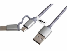 iGET G2V1 USB kabel 2v1, 1m, stříbrný, microUSB i USB-C, prodloužené koncovky