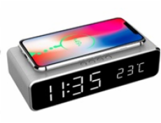 GEMBIRD digitální budík s funkcí bezdrátového nabíjení, silver/stříbrná
