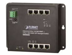 PLANET průmyslový plochý switch L2/L4, 8x1Gb, 2xSFP, 12-48VDC/24VAC, IP30, -40/75°C, fanless