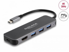 Delock 3 porty USB rozbočovač a výstup 4K HDMI s připojením USB Type-C™ a s PD, 85 W