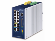 Planet průmyslový L3 PoE switch,8x1Gb +2x1Gb/2,5Gb SFP +2x10Gb SFP+, 802.3bt 90/360W,-40 až 75°C, dual 48-54VDC, fanless