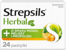 Recckitt Benckiser Strepsils_herbal tabletky bez cukru upokojujúce podráždené krk a hlasivky dopĺňajú strava med, citrónový balzam, propilis 24 ks.