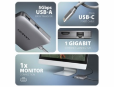 AXAGON HMC-5HL USB 5Gbps hub, 2x USB-A, HDMI 4k/60Hz, RJ-45 GLAN, PD 100W, kabel USB-C 20cm