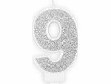 Narozeninová svíčka, číslo 9, stříbrný třpyt, 7 cm. univerzální