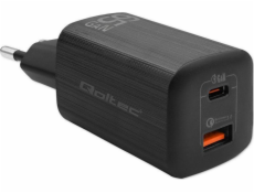 Qoltec nabíječka 65W GaN ULTRA síťová nabíječka | 5-20V | 2,25-3,25A | 1 x USB Type C PD | 1 x USB | Černá